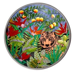 Neiman Marcus Enamel Tiger Pewter Bowl 7.5" Serving Dish Art Display Unique